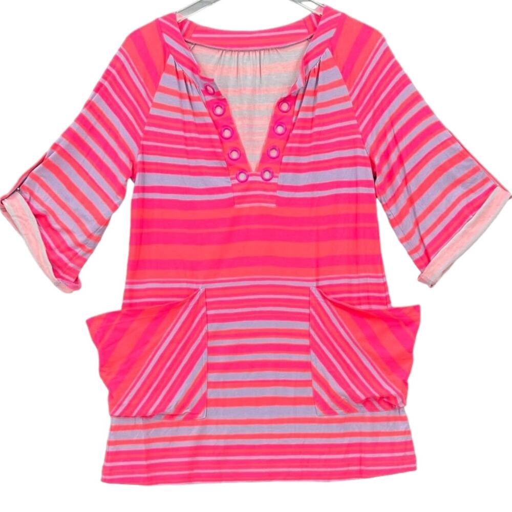 Nanette Lepore Swim Barbie Hot Pink Pastel Lilac Striped Tunic Dress Coverup Top